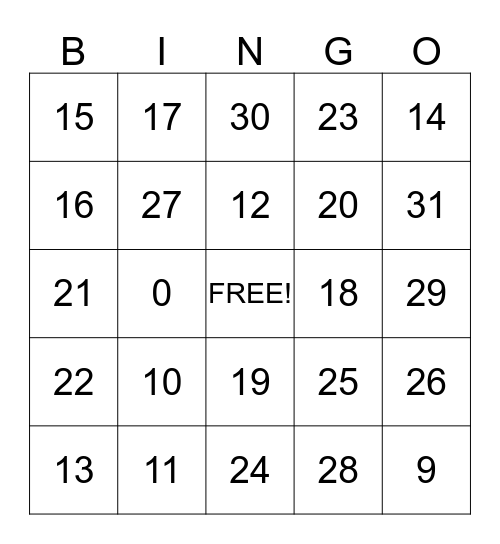 Numbers Bingo Card