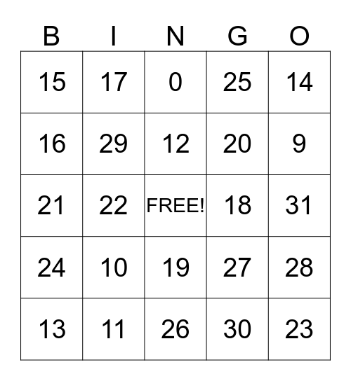 Numbers Bingo Card