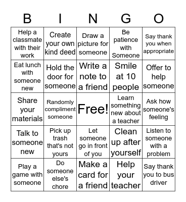 Kindness Challenge Bingo Card