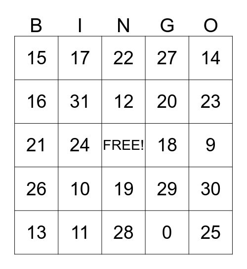Numbers Bingo Card