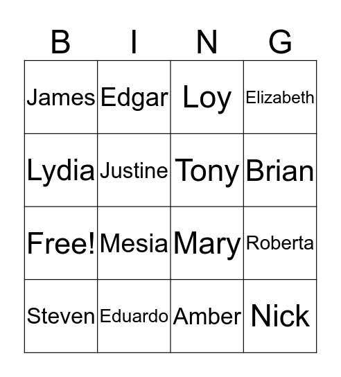 Call Center Rep Names Bingo Card
