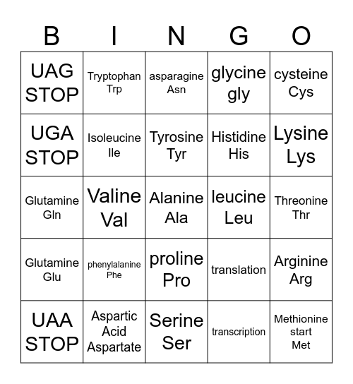 amino acids Bingo Card