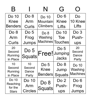 K-2nd Grade Fitness Bingo Card