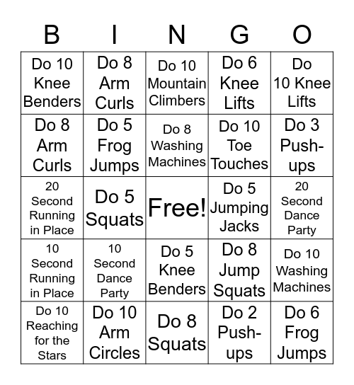 K-2nd Grade Fitness Bingo Card