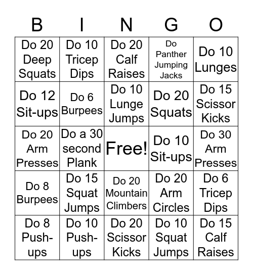 3-5th Grade Fitness Bingo Card