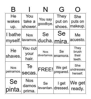 Reflexive Verbs Bingo Card