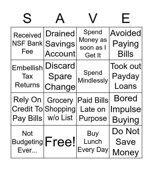 Budget Bingo: Never Have I Ever  Bingo Card
