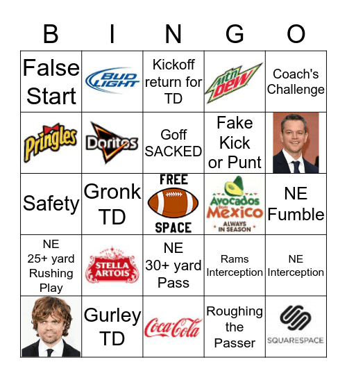 Super Bowl Bingo Card