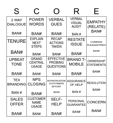 SCORE Bingo Card