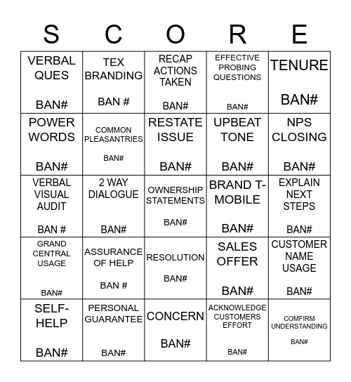 SCORE Bingo Card