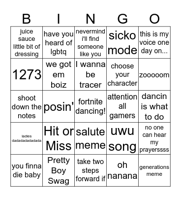 Tik Tok Bingo Card