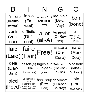 FRENCH 101 BINGO  Bingo Card