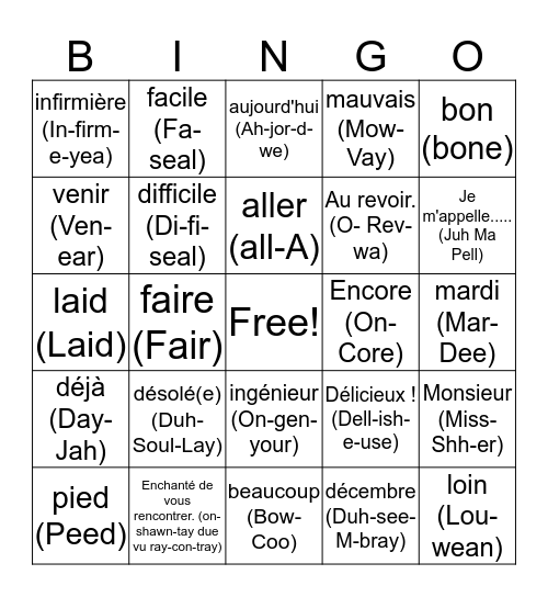 FRENCH 101 BINGO  Bingo Card