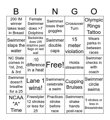 Swimming Bingo Card