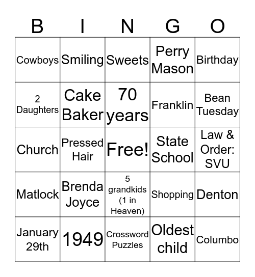 Brenda's 70th Birthday Bingo Card