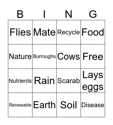 The Dung Beetle Bingo Card