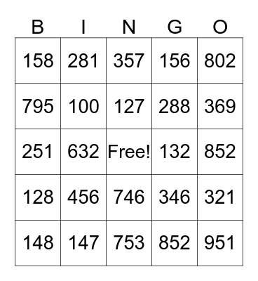 Place Value Bingo Card