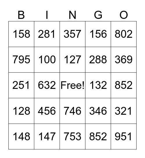 Place Value Bingo Card