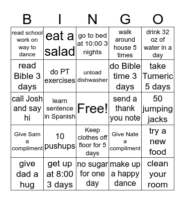Lydia Bingo Card