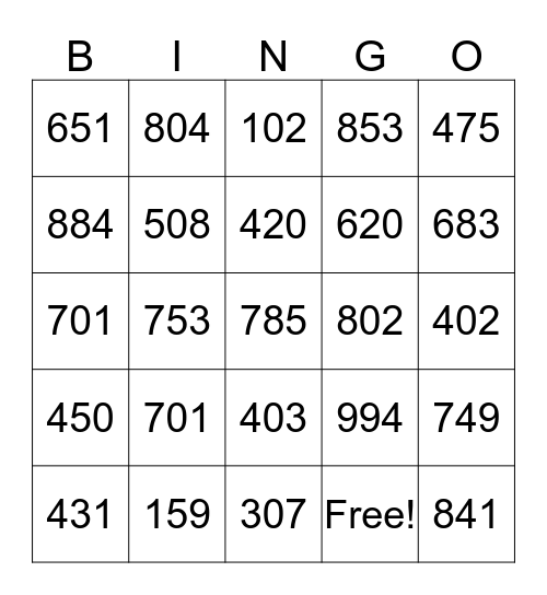 Place Value Bingo Card