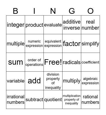 Math Bingo Card