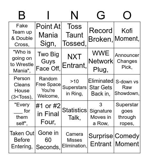 2019 Royal Rumble Bingo Card