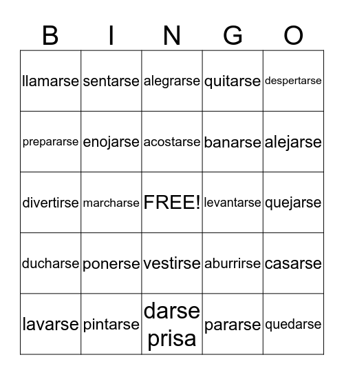 Stem Changing Verbs Bingo Card