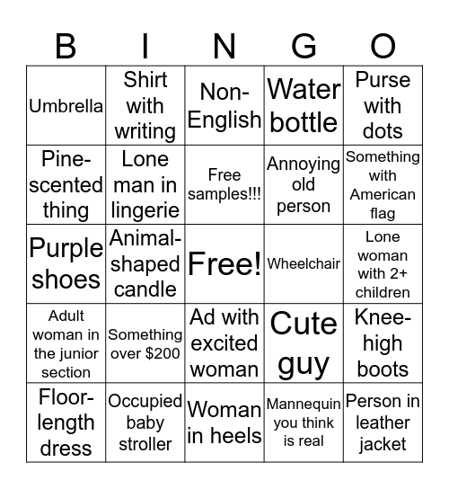 Mall Bingo Card