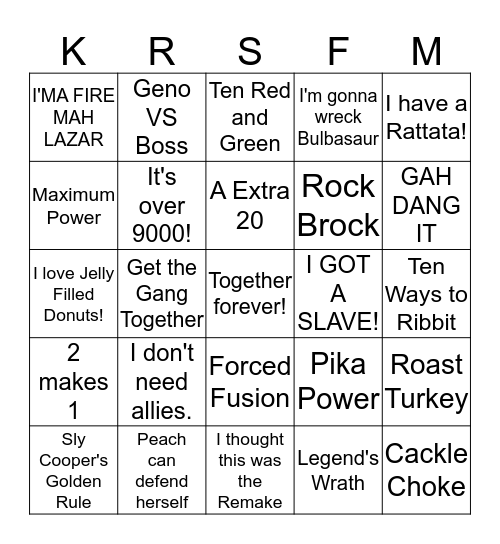 Video Game Bingo Card