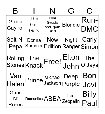 Hits from the 70's and 80's (artist) Bingo Card