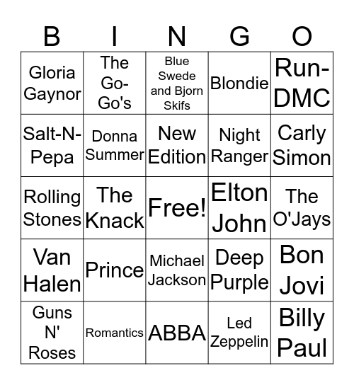 Hits from the 70's and 80's (artist) Bingo Card