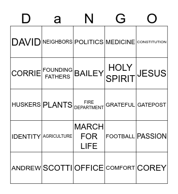 DANGO Bingo Card