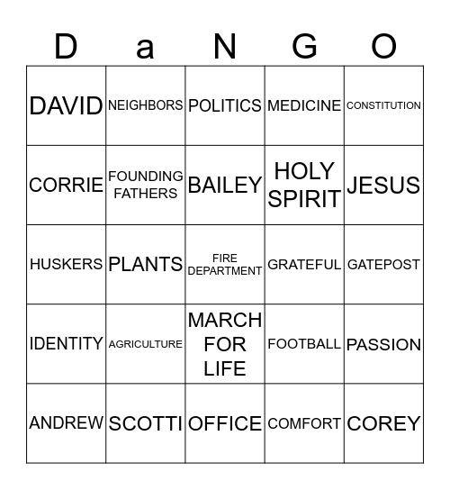 DANGO Bingo Card