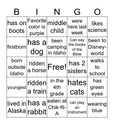 Grace Kids Bingo Card