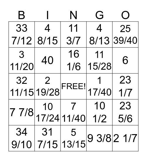 Fraction Review Bingo Card