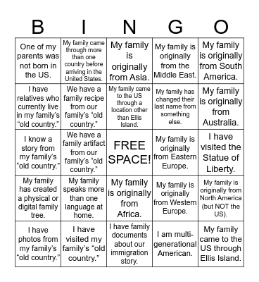 Immigration Bingo Card