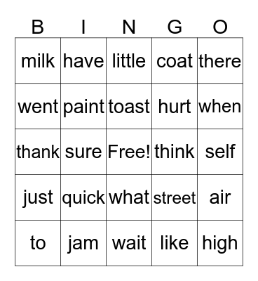 Bingo HF words AY Bingo Card