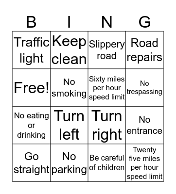 Road Signs Bingo Card