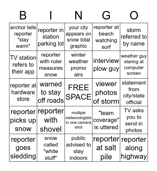 TV Snowstorm Bingo Card