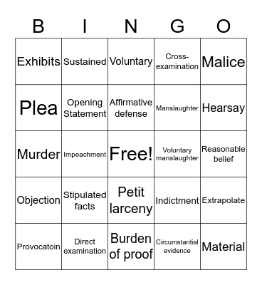 Mock Trial Bingo Card