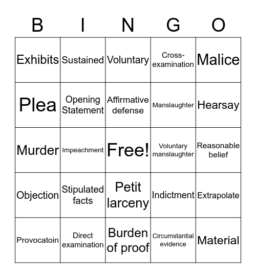 Mock Trial Bingo Card