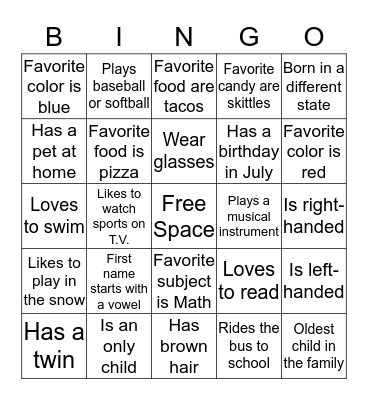 Get to know your Classmates! Bingo Card