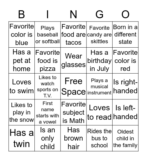 Get to know your Classmates! Bingo Card