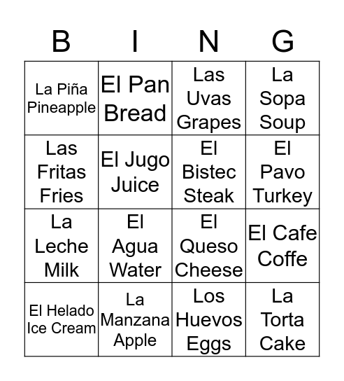 La Comida y Las Bebidas Bingo Card