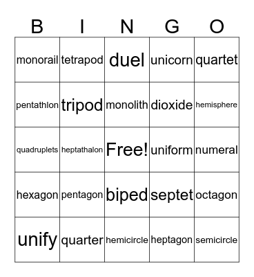 Greek and Latin Roots Bingo Card