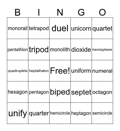 Greek and Latin Roots Bingo Card