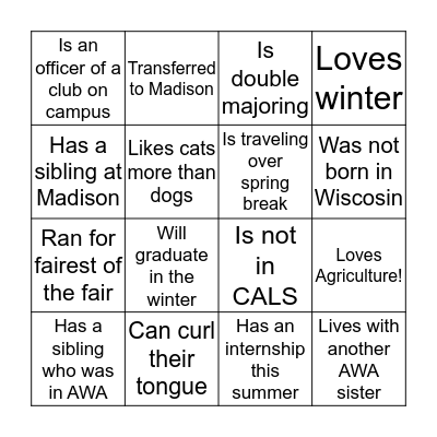 AWA Bingo Card