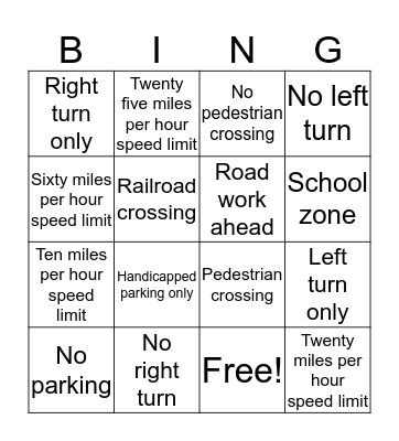 Road Signs Bingo Card