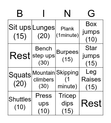 Fitness Bingo Card