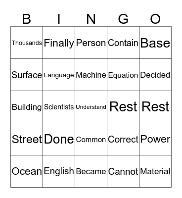 5th Grade Fry Words Bingo Card